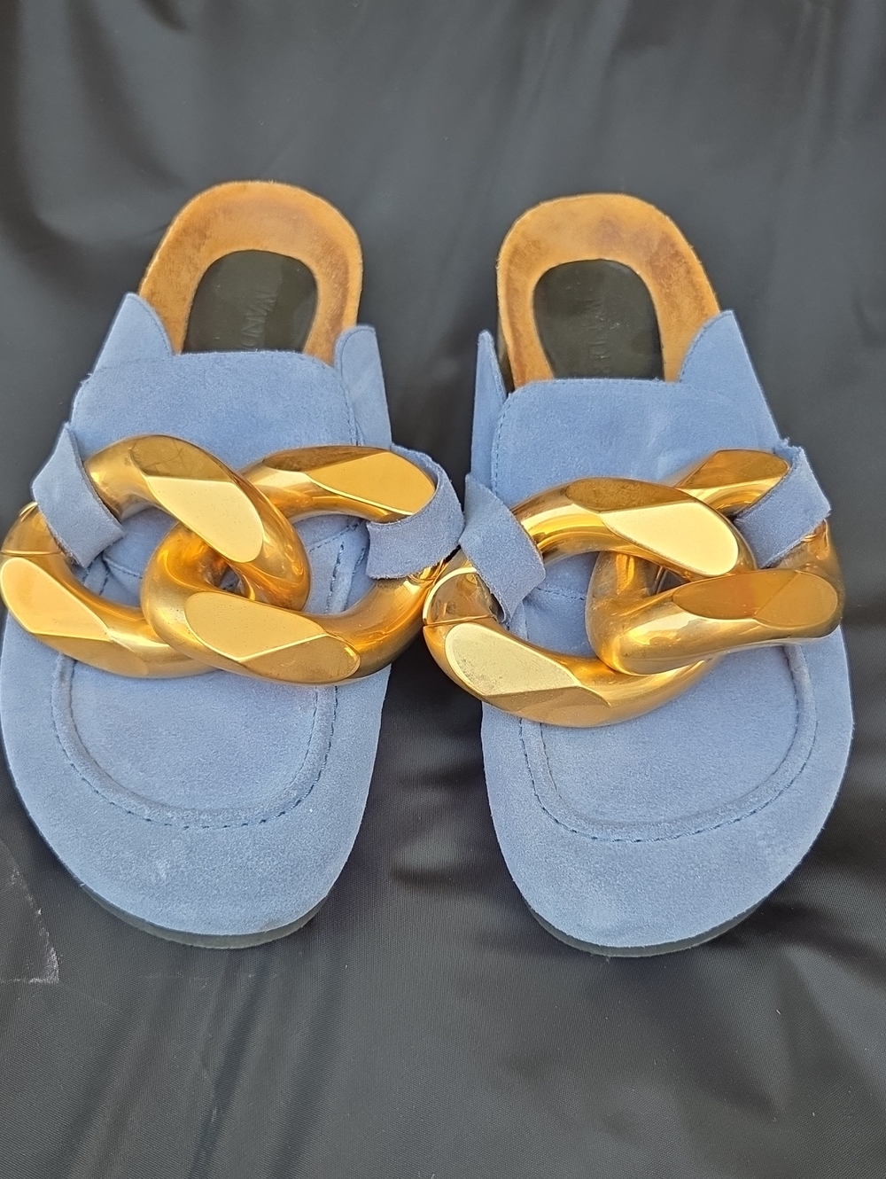 JW ANDERSON Light Blue Suede Mules with Oversized Gold Chain
